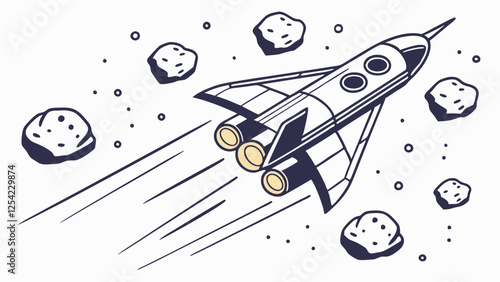 A stylized spaceship blasts through space dodging asteroids.
