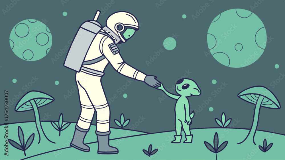 Fototapeta premium Astronaut and Alien Make First Contact in Space