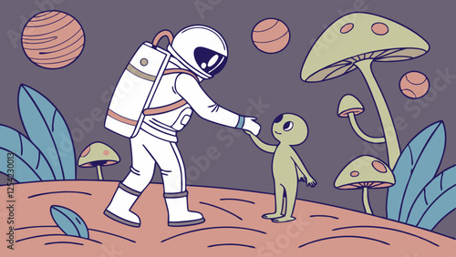 Astronaut and Alien Making First Contact on a Cosmic Mushroom Planet