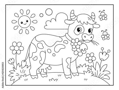 Cute cow with Natural scenery view background coloring page for kids. Funny animal outline vector illustration.
