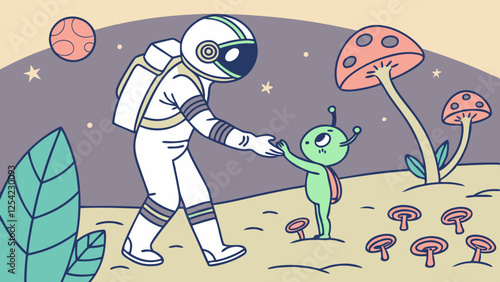 Astronaut Helps Alien on a Cosmic Mushroom Planet