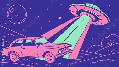 Pink Car Under a UFO at Night
