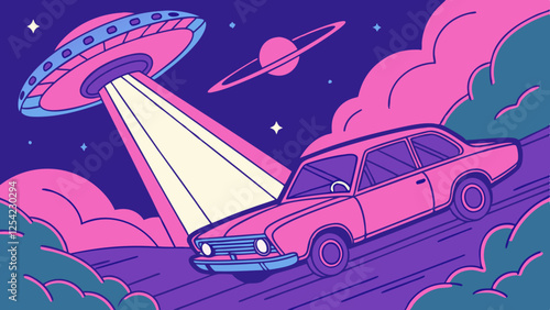 Pink Car Encountering a UFO in a Surreal Night Sky