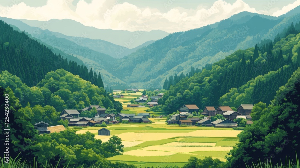 Obraz premium Pixelated View Of A Japanese Rural Valley