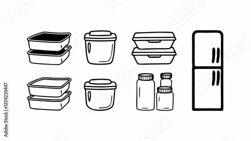 Collection of Food Storage Containers and Refrigerator