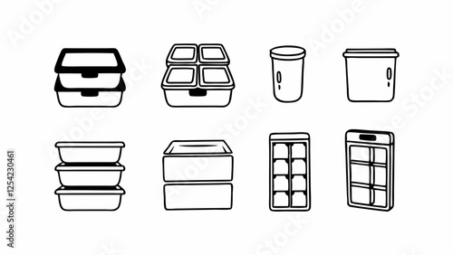 Simple Line Art Illustration of Various Food Storage and Ice Trays