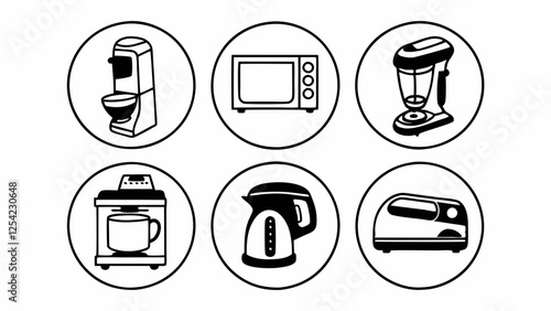 Simple Line Art Icons of Various Kitchen Appliances