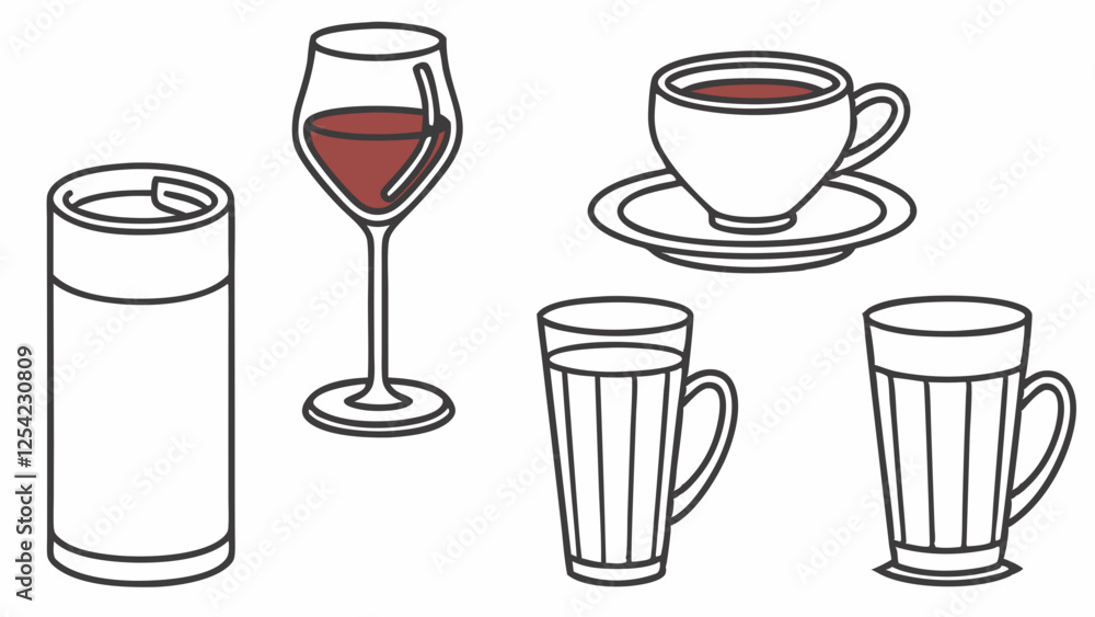 Line Art Illustration of Various Beverage Vessels Line Art Illustration of Various Beverage Vessels