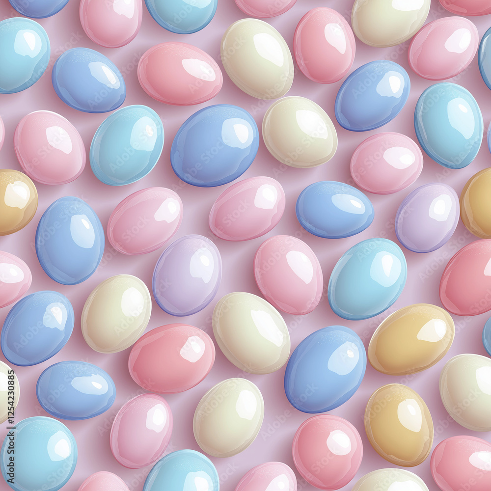 Scattered glossy pastel Easter eggs in various soft colors, creating a bright and festive spring holiday pattern with a smooth and elegant appearance Scattered glossy pastel Easter eggs in various soft colors, creating a bright and festive spring holiday pattern with a smooth and elegant appearance