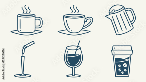 Simple Line Art Illustration of Various Beverages