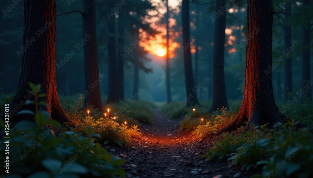 Fototapeta premium Flickering candlelight illuminates dancing shadows in a forest clearing at dusk , evening, twilight, ethereal