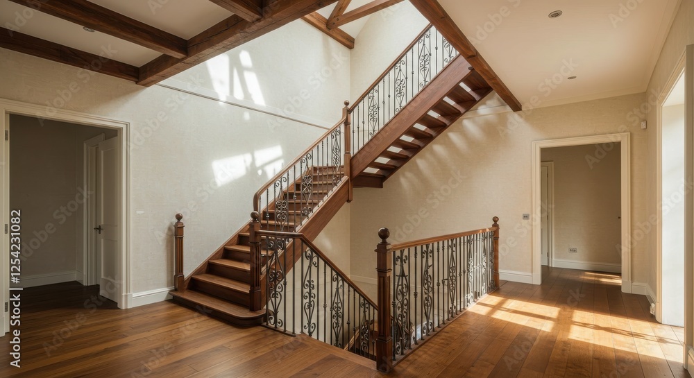 Elegant Home Interior with Wooden Staircase, Beams, and Natural Light Elegant Home Interior with Wooden Staircase, Beams, and Natural Light