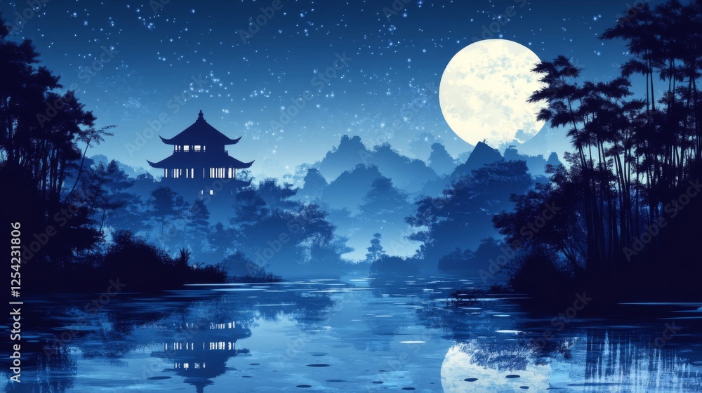 Fototapeta premium Pixel Art Night Landscape With Pagoda And Moon