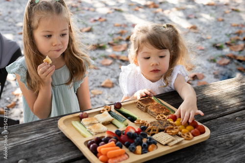 Two kids eating healthy snacks from the charcuterie board outdoors. Kids on the picnic. Healthy eating and kids concept