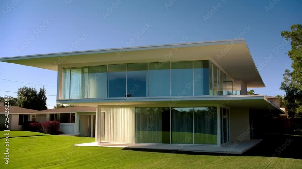 A mid-century modern home with angular architecture, large windows, and a well-maintained lawn, set in a quiet suburban neighborhood. (Mid-century style) A mid-century modern home with angular architecture, large windows, and a well-maintained lawn, set in a quiet suburban neighborhood. (Mid-century style)