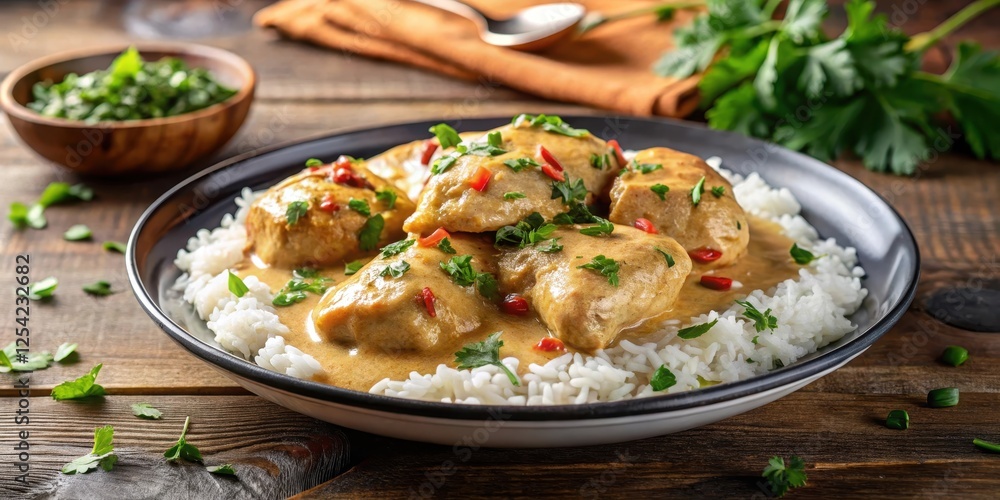 Chicken fricassee in a rich creamy sauce served over steaming hot basmati rice with fresh herbs on top , chicken, rice, chicken Chicken fricassee in a rich creamy sauce served over steaming hot basmati rice with fresh herbs on top , chicken, rice, chicken