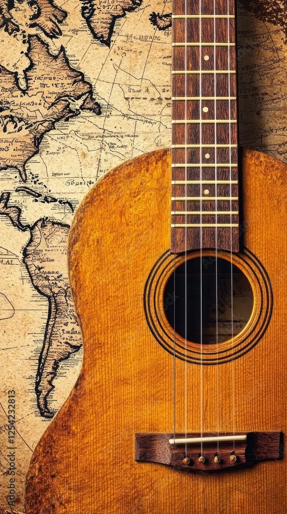 Fototapeta premium Vintage guitar against old world map