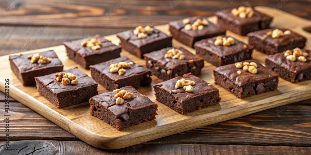 Freshly baked chocolate brownie squares with chopped walnuts arranged neatly on a wooden cutting board Freshly baked chocolate brownie squares with chopped walnuts arranged neatly on a wooden cutting board