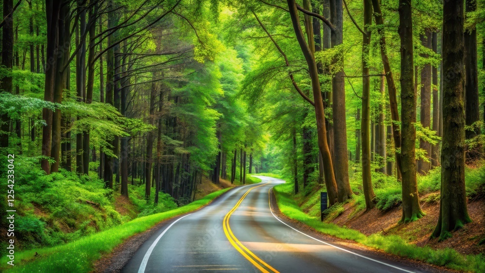 Fototapeta premium Forest Road Winding Through Trees, greenery, scenic drive , greenery, scenic drive