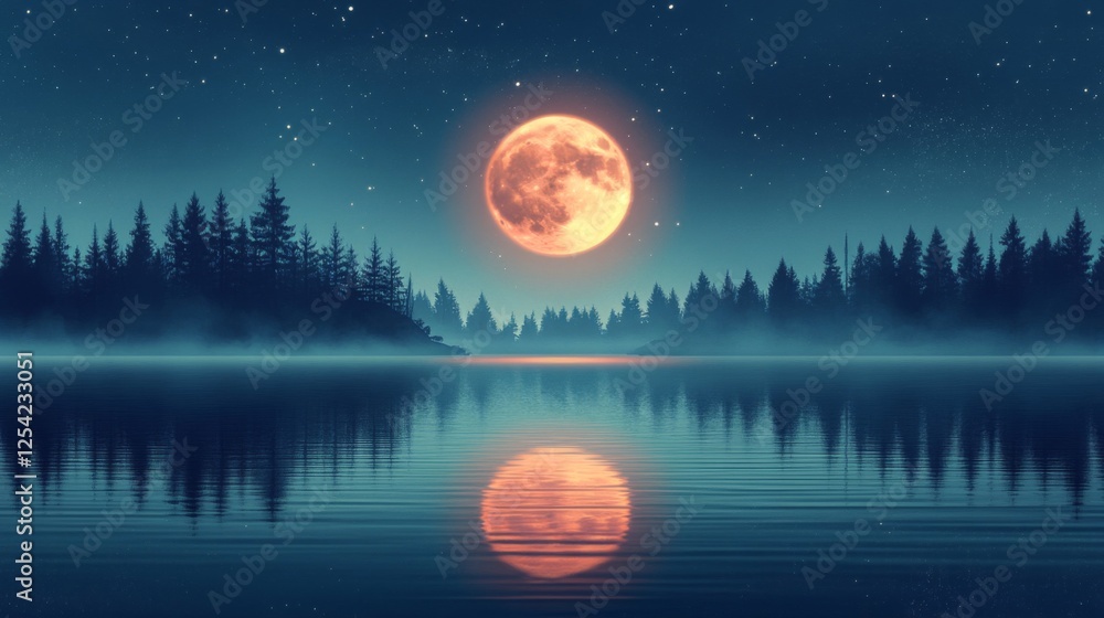 Red Moon Over Misty Lake and Forest Red Moon Over Misty Lake and Forest