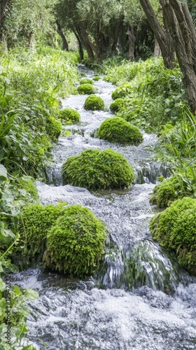 Stream flowing through lush green forest