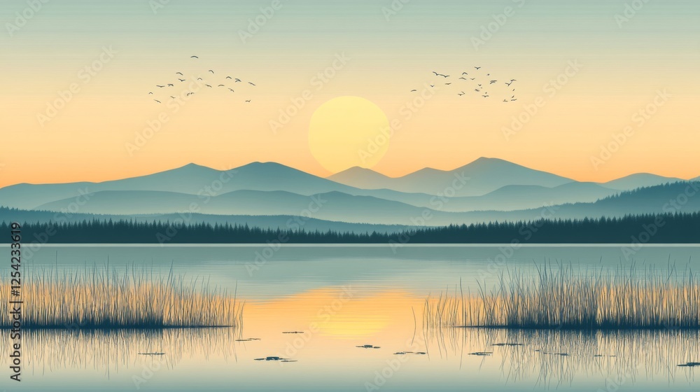 Fototapeta premium Peaceful Sunset Over Mountain Lake