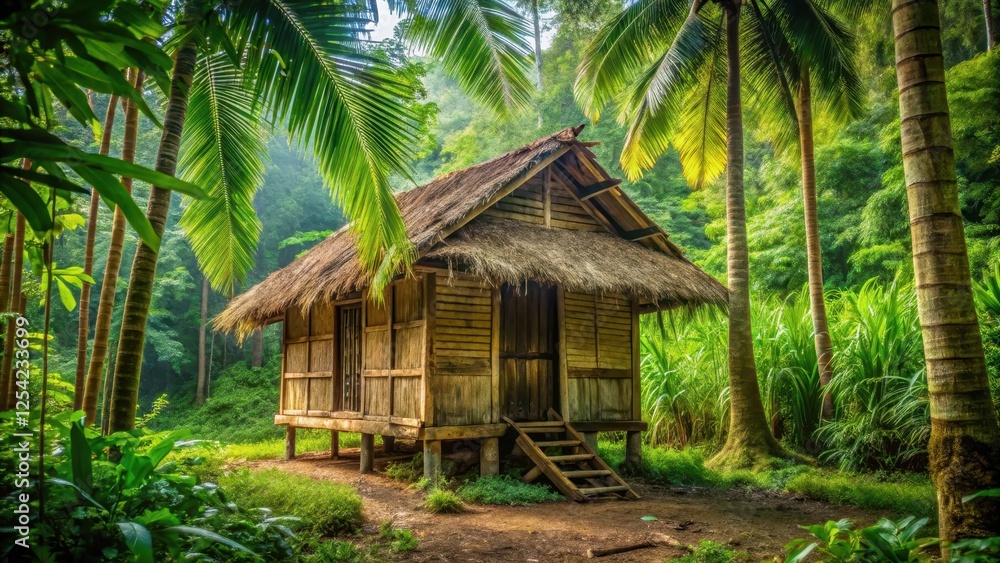 Traditional Southeast Asian nipa hut standing alone in a lush green forest with a wooden door and windows, southeast asia, outdoors Traditional Southeast Asian nipa hut standing alone in a lush green forest with a wooden door and windows, southeast asia, outdoors