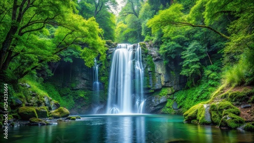 waterfall in deep forest surrounded by tall trees and lush greenery, peaceful, serene,  peaceful, serene, nature