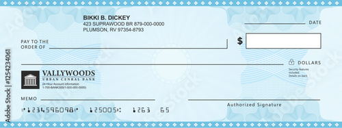 Blank bank check, checkbook cheque template with blue guilloche, vector mockup. Money payment bank check voucher or pay cash cheque certificate, account bill paycheck with guilloche pattern