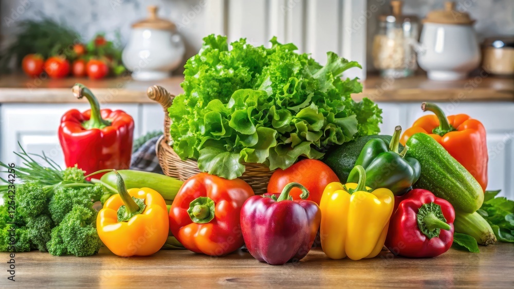 Fresh vegetables arranged on a kitchen counter with various colorful leafy greens and colorful bell peppers in a harmonious and balanced composition, color, freshness Fresh vegetables arranged on a kitchen counter with various colorful leafy greens and colorful bell peppers in a harmonious and balanced composition, color, freshness
