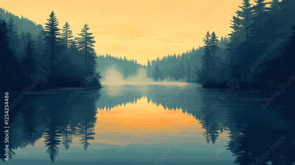 Fototapeta premium Pixelated Lake Sunrise Forest Scene