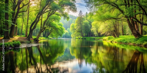 Forest landscape with trees and river, calm river, forest scenery,  calm river