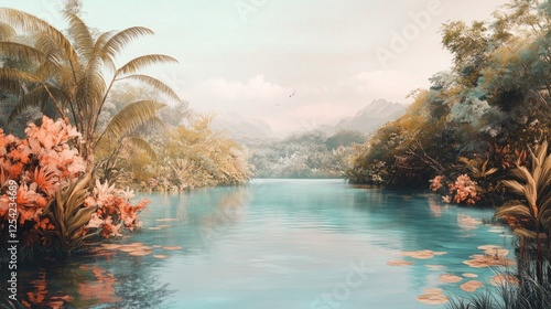Serene tropical river scene with lush vegetation, mountains, and a calm atmosphere.