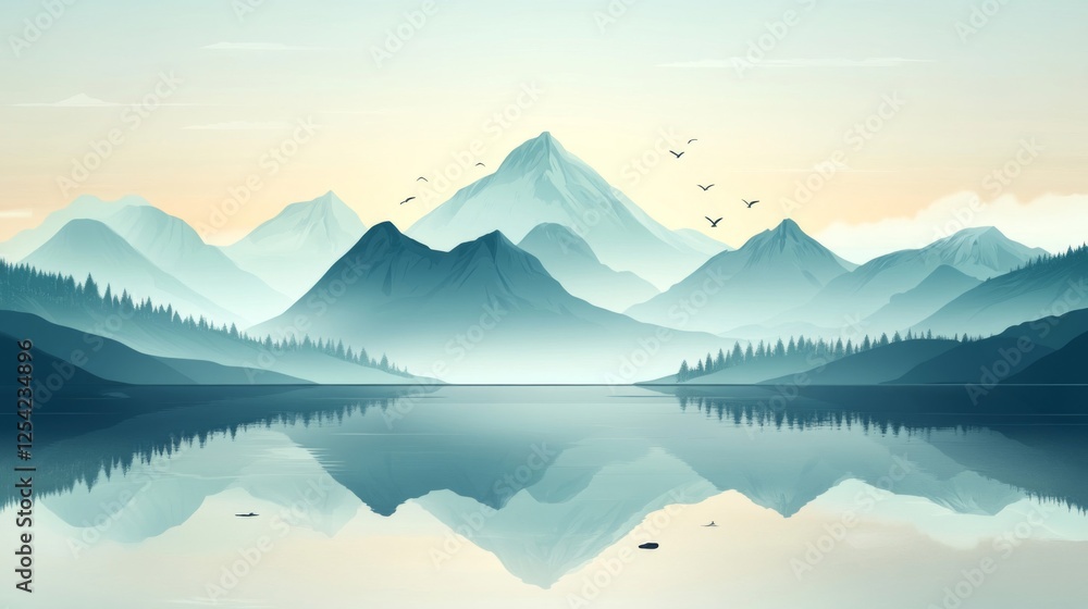 Peaceful Mountain Lake Landscape At Sunrise Peaceful Mountain Lake Landscape At Sunrise