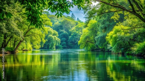 Dense foliage sprouts from riverbank vegetation amidst serene water flows, surrounded by towering lush greenery in harmony with nature, riverbank, tranquility