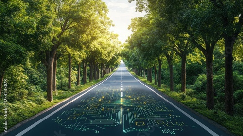 A tree-lined road with a digital circuit pattern, symbolizing the fusion of nature and technology.