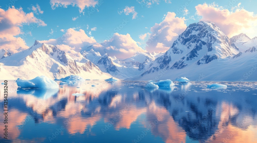 Fototapeta premium Majestic Snowy Mountains Reflecting In Calm Water Sunset