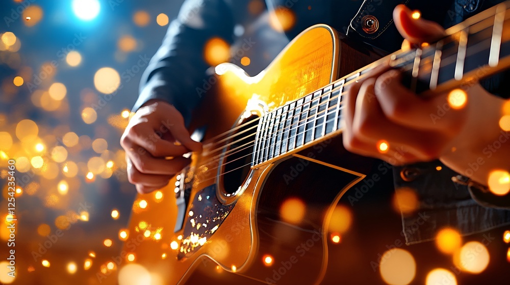 Obraz premium Passionate Guitarist Strumming Melodically in a Dreamy Atmosphere with Glowing Lights