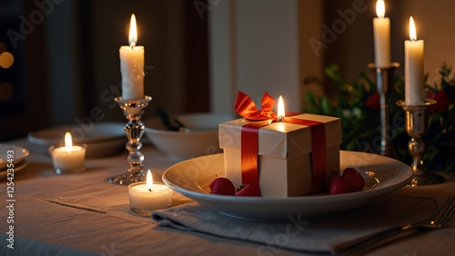 A romantic candlelit dinner scene with a gift placed on the table photo