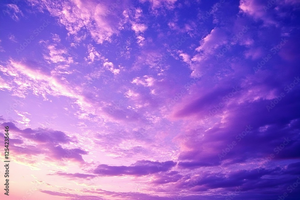 Obraz premium Beautiful purple pink evening sky with clouds view. Colorful sunset background with space for design.