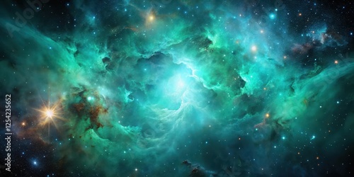 Vibrant turquoise green nebula glow against dark space background with stars and galaxies in distant universe , astronomy