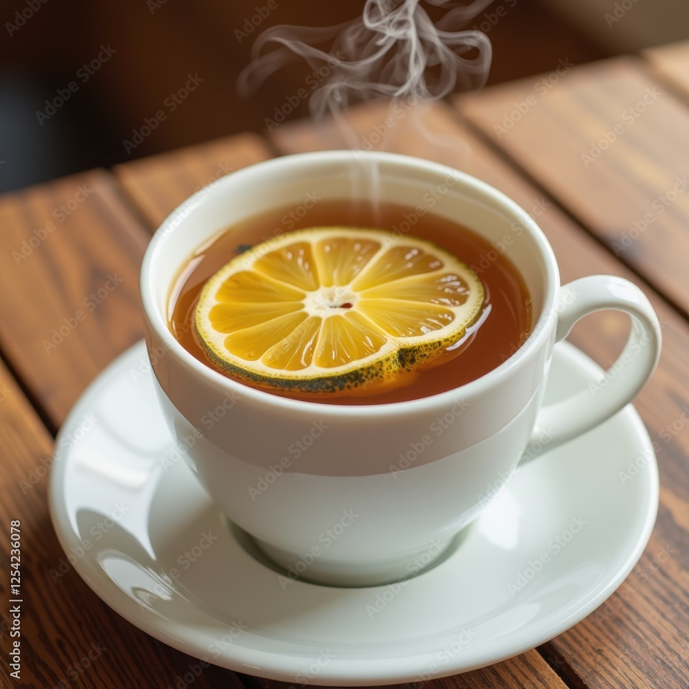Aromatic white tea in a delicate cup, crowned by a vibrant lemon slice atop a pristine saucer, perched on a rustic wooden table; subtle tilt adds charm Aromatic white tea in a delicate cup, crowned by a vibrant lemon slice atop a pristine saucer, perched on a rustic wooden table; subtle tilt adds charm