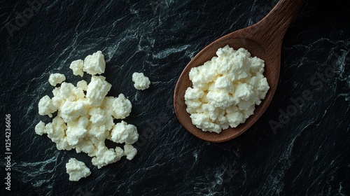 Crumbled cottage cheese on slate background photo