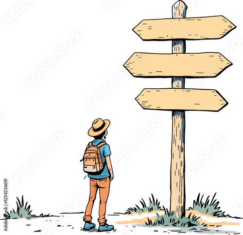 Vsai traveler contemplating direction at crossroads signpost