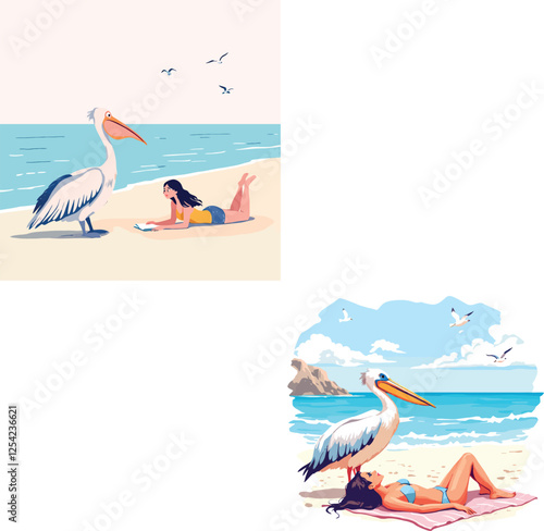 Vsai relaxing beach scene with woman and pelican