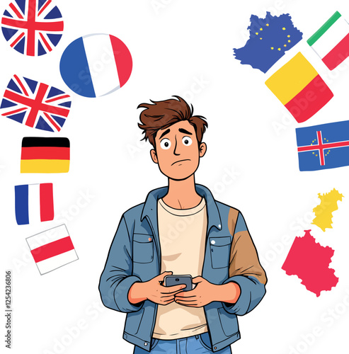Vsai young man confused by language barriers and flags