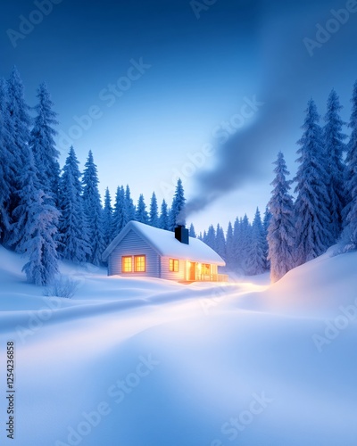 Wallpaper Mural Cozy Cabin Illuminated Warmly Amidst Snow-Covered Forest in Serene Winter Twilight Torontodigital.ca