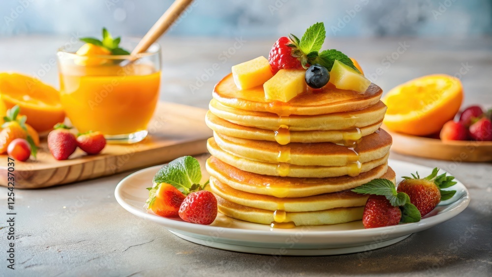 Fluffy golden pancakes piled high on a plate topped with fresh tropical fruit and a drizzle of pure honey in a bright and airy breakfast setting, nutritious breakfast, morning meal Fluffy golden pancakes piled high on a plate topped with fresh tropical fruit and a drizzle of pure honey in a bright and airy breakfast setting, nutritious breakfast, morning meal