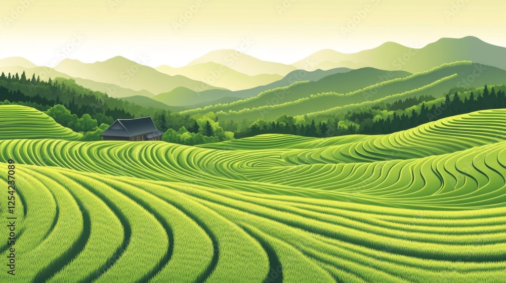 Fototapeta premium Lush Green Terraced Rice Paddies With Mountains