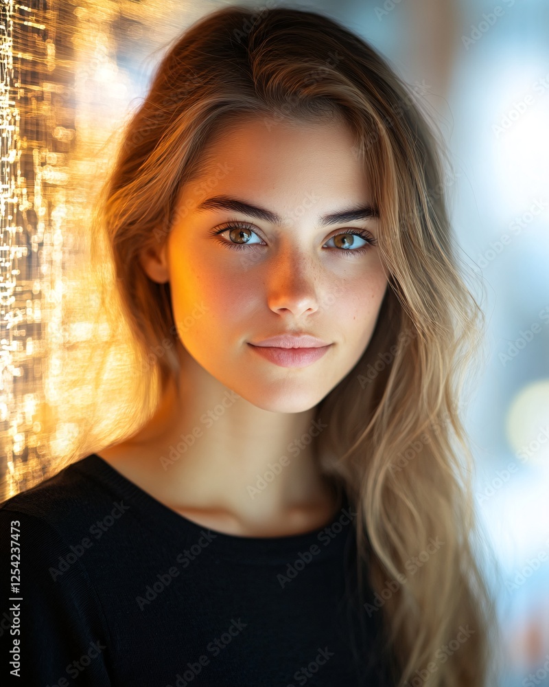 Young Woman in Casual Setting with Gentle Expression and Elegant Lighting Young Woman in Casual Setting with Gentle Expression and Elegant Lighting